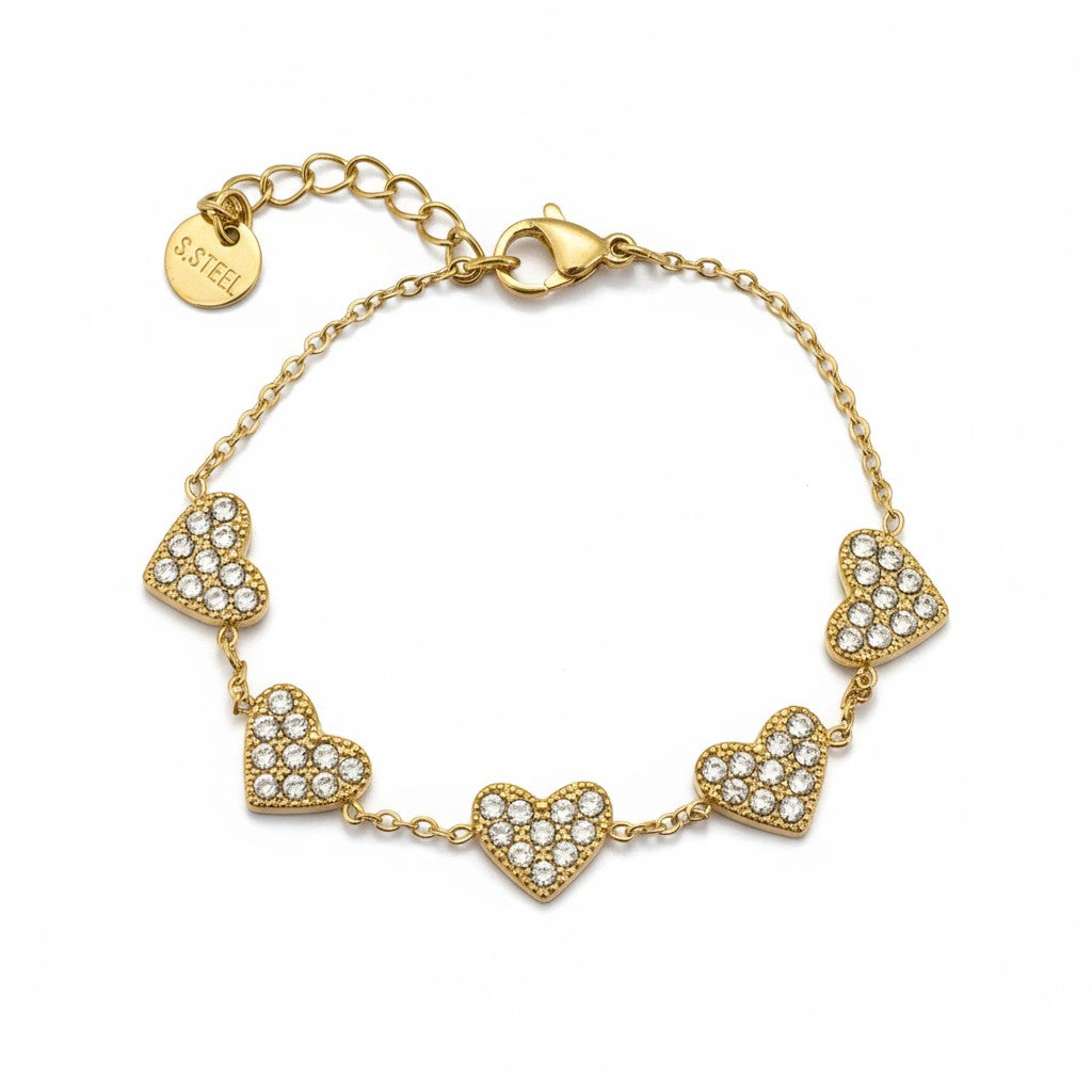Ατσάλινο βραχιόλι με πέντε καρδιές και λευκά ζιργκόν So Cute by Dimi