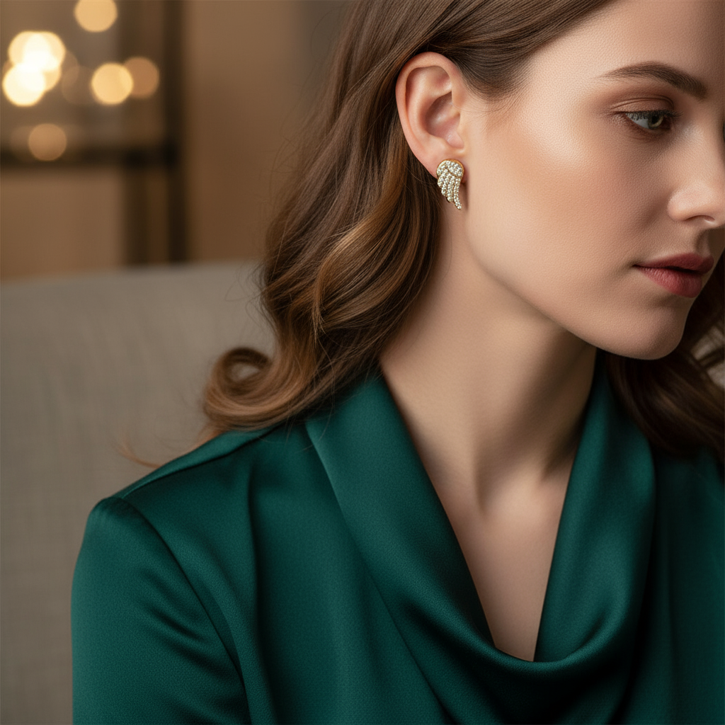 Crystal Angel Studs – Ατσάλινα Σκουλαρίκια με Φτερό Αγγέλου & Ζιργκόν | So Cute by Dimi Χονδρική