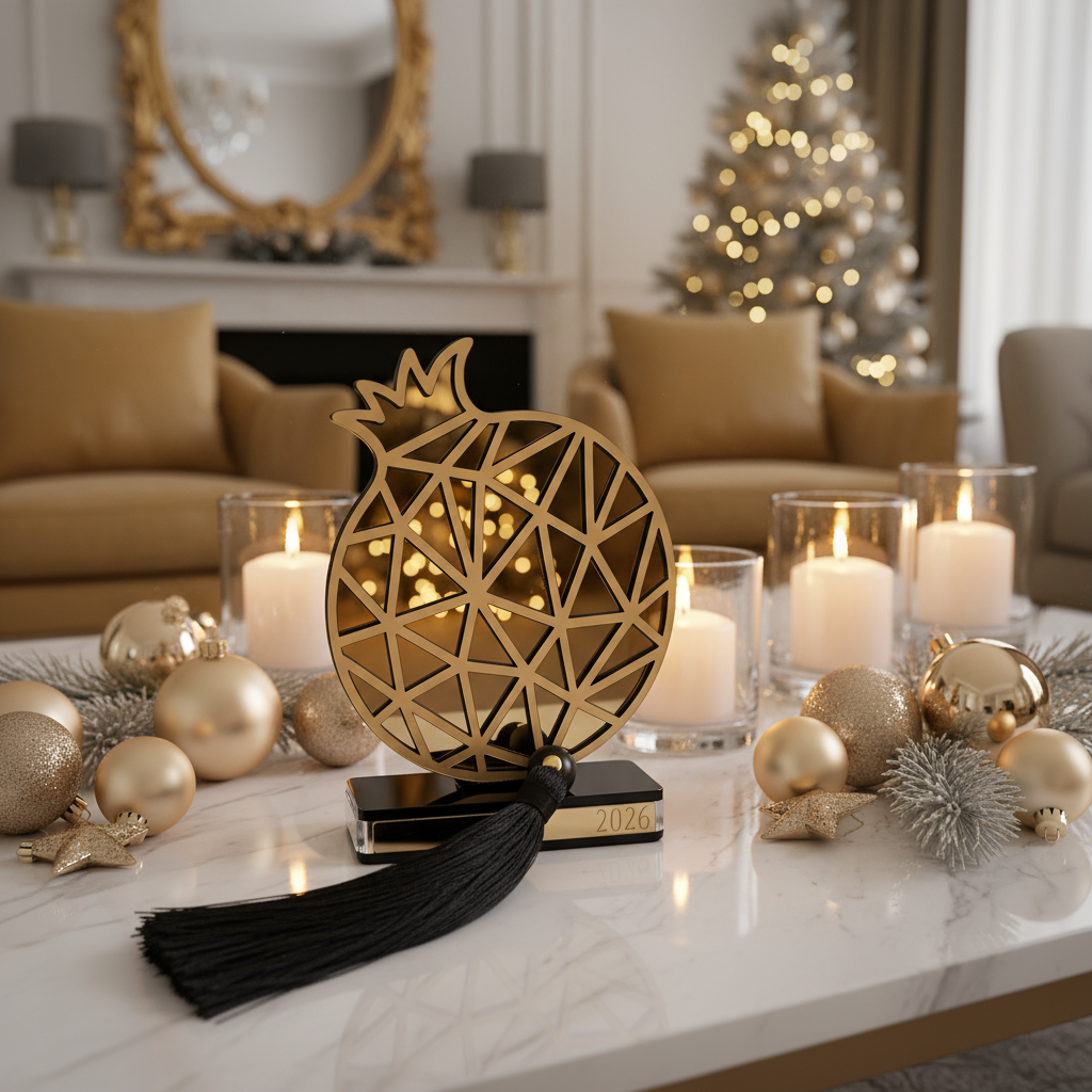 Plexiglass γούρι Ρόδι Symbolic Luxe 2026 σε χρυσό ή ασημί καθρέφτη με μαύρη βάση και φούντα — So Cute by Dimi Wholesale