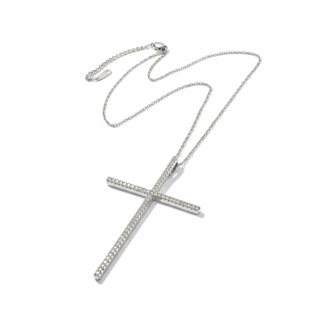 Ατσάλινο κολιέ με σταυρό 5,5×4 εκ και λευκά ζιργκόν So Cute by Dimi