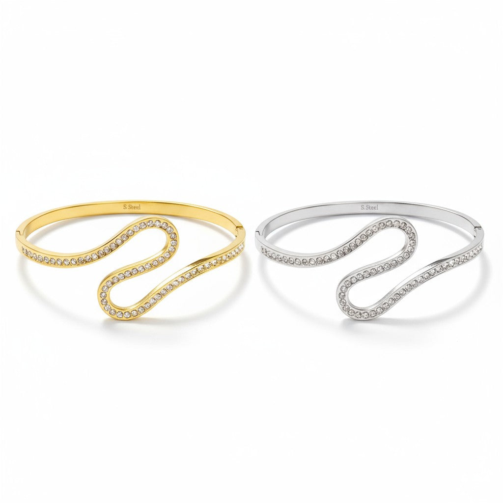 Ατσάλινο βραχιόλι με κυματιστό σχέδιο και ζιργκόν – Crystal Flow Bangle