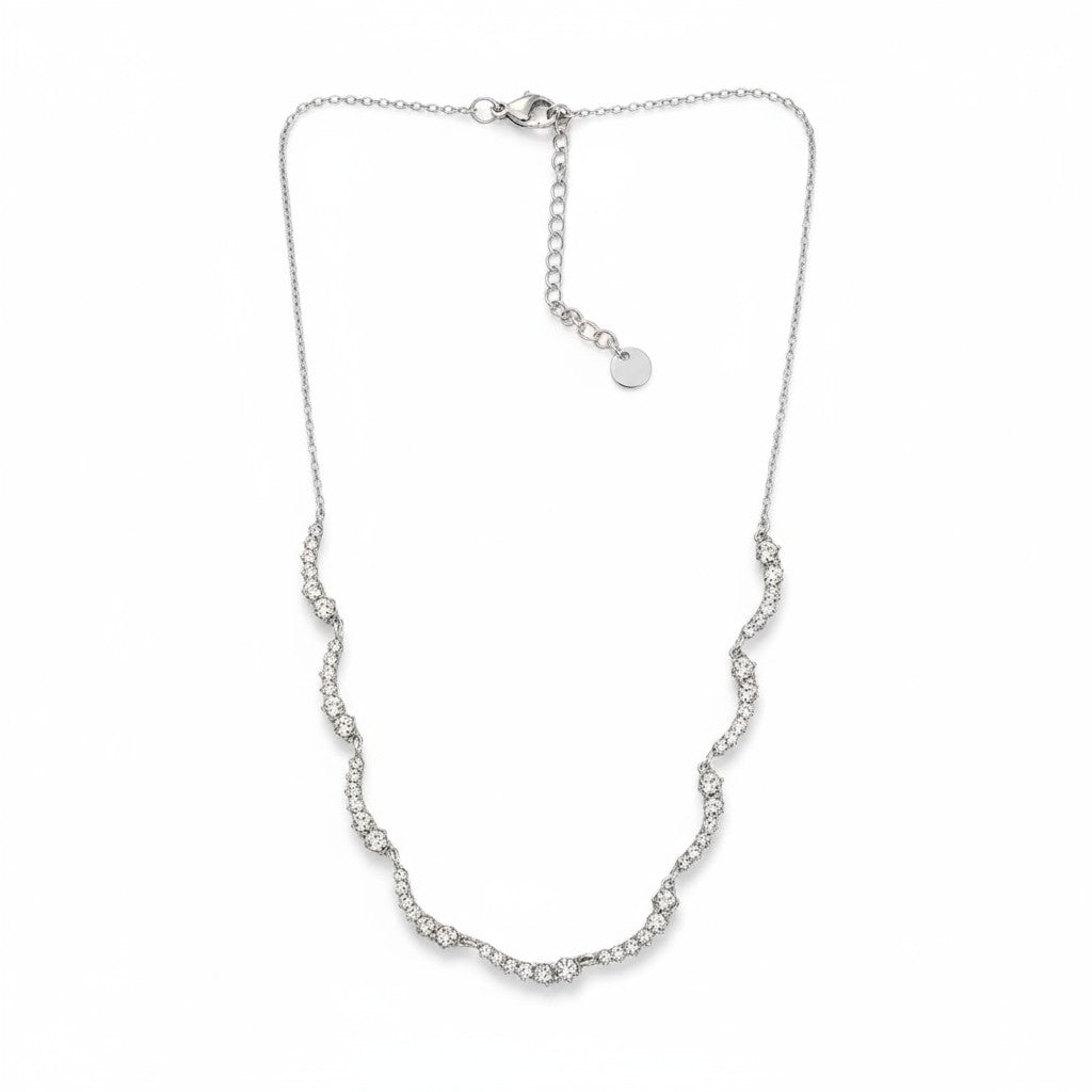 Ατσάλινο κολιέ με κύμα λευκών ζιργκόν σε ασημί και χρυσό – So Cute Wholesale