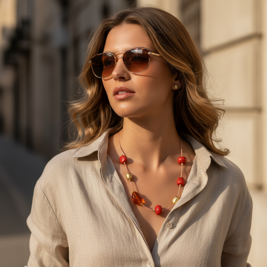 Μακρύ κολιέ με κορδόνι, χάντρες πέτρας και ατσάλινα μεταλλικά στοιχεία – So Cute by Dimi Χονδρική