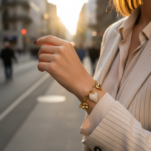 Βραχιόλι από ατσάλι με καρδιές και τετράφυλλα, διακοσμημένο με ζιργκόν, σε χρυσό και ασημί. So Cute by Dimi