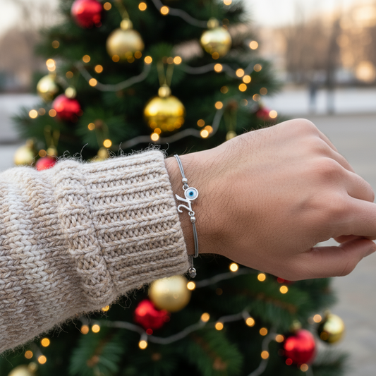 🤍✨Ανδρικό Βραχιόλι Γούρι 2026 με Μάτι & Χρωματιστό Κορδόνι – Silver Edition