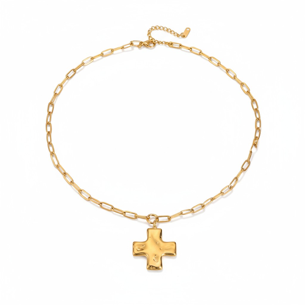 Ατσάλινο κολιέ με hammered σταυρό και αλυσίδα κρίκων σε χρυσό φινίρισμα, Ion Plating επιμετάλλωση – So Cute by Dimi Wholesale