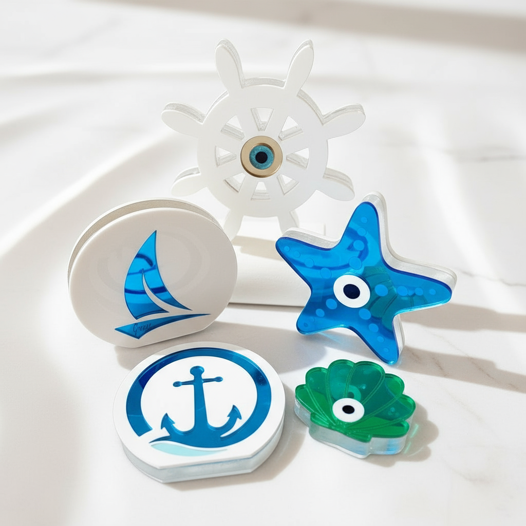 Σύνθεση ναυτικών γουριών από πλεξιγκλάς καθρέφτη σε luxury κυκλαδίτικο σκηνικό με λευκή μαρμάρινη επιφάνεια, φυσικό φως και μπλε τόνους του Αιγαίου – τιμόνι, άγκυρα, ιστιοφόρο, αστερίας και κοχύλι, So Cute by Dimi.