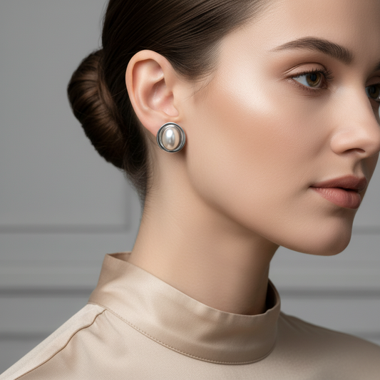 Ατσάλινα σκουλαρίκια με λευκή πέρλα και melted ακανόνιστο πλαίσιο σε ασημι, So Cute by DImi χονδρική