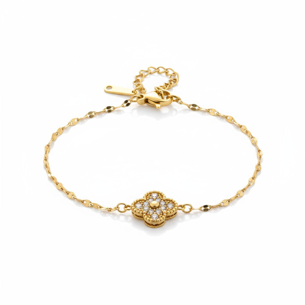 Ατσάλινο βραχιόλι με σταυρό τύπου clover και λευκά ζιργκόν So Cute by Dimi