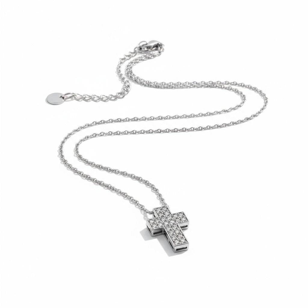 Luxe Pavé Cross Necklace – Ατσάλινο Κολιέ Σταυρός με Ζιργκόν | So Cute by Dimi Χονδρική