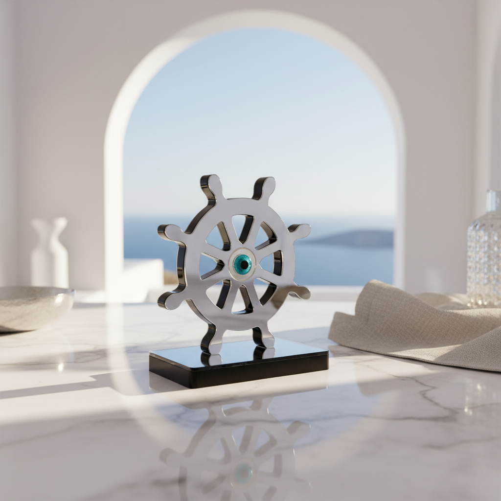 🤍✨ Επιτραπέζιο Γούρι Τιμόνι με Μάτι – Plexiglass Καθρέφτης (Χρυσό / Ασημί)