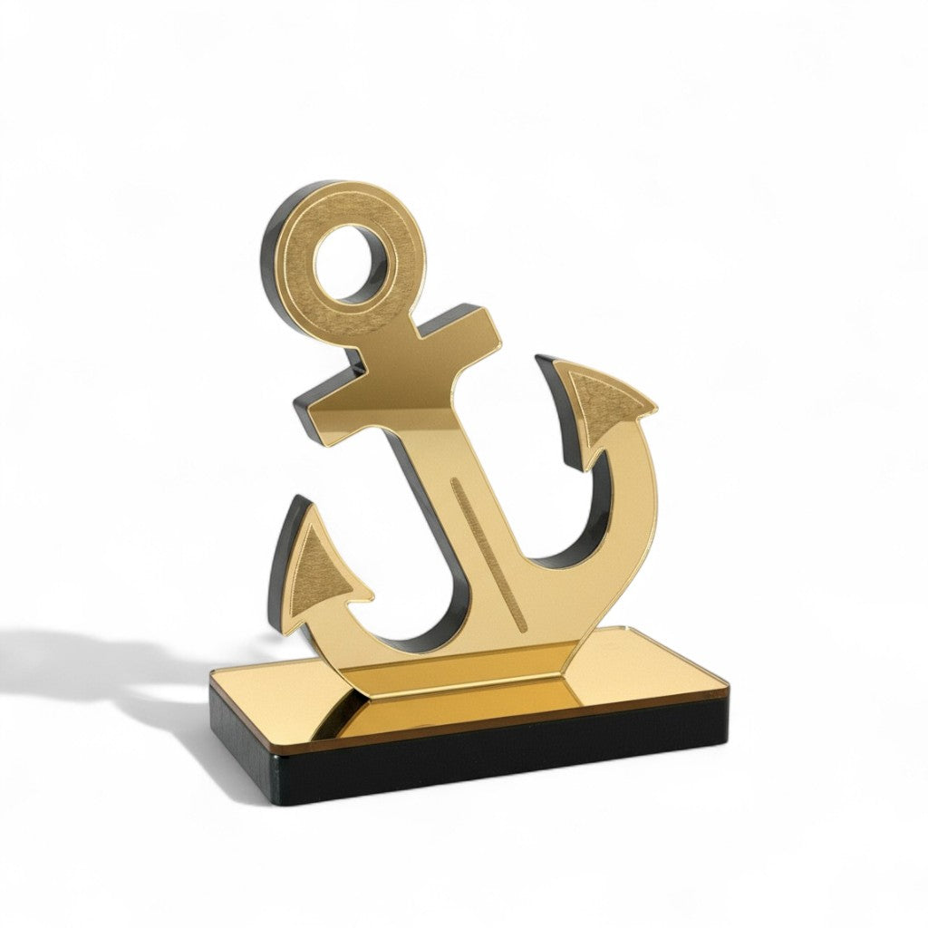 Επιτραπέζιο γούρι άγκυρα από πλεξιγκλάς καθρέφτη σε χρυσό ή ασημί, χειροποίητη δημιουργία So Cute by Dimi – ιδανικό για εταιρικά δώρα και luxury διακόσμηση.