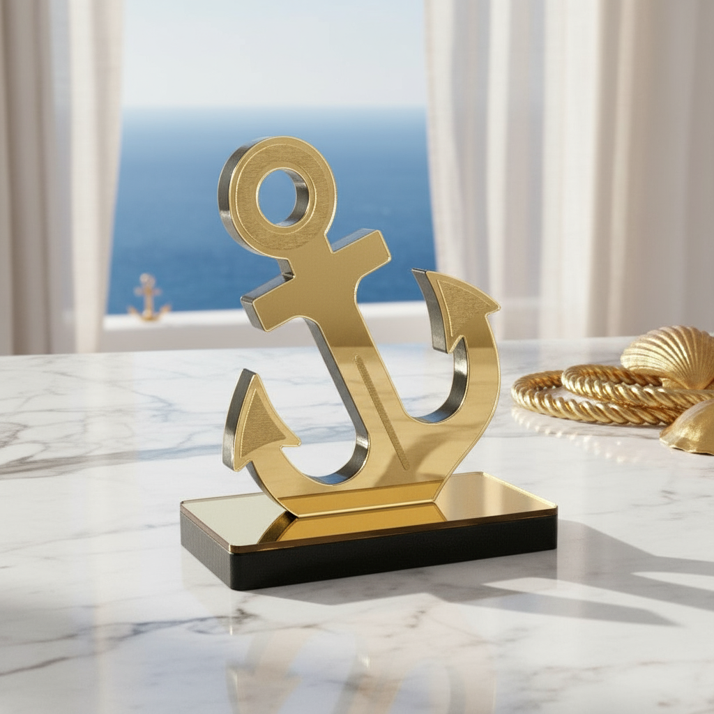 Επιτραπέζιο γούρι άγκυρα από πλεξιγκλάς καθρέφτη σε χρυσό ή ασημί, χειροποίητη δημιουργία So Cute by Dimi – ιδανικό για εταιρικά δώρα και luxury διακόσμηση.