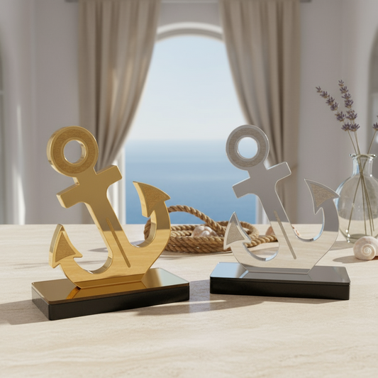 Επιτραπέζιο γούρι άγκυρα από πλεξιγκλάς καθρέφτη σε χρυσό ή ασημί, χειροποίητη δημιουργία So Cute by Dimi – ιδανικό για εταιρικά δώρα και luxury διακόσμηση.