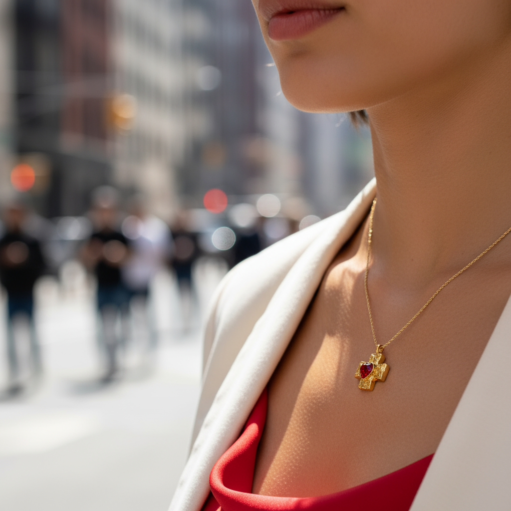 Ατσάλινο κολιέ σταυρός με κόκκινη καρδιά ζιργκόν σε χρυσό φινίρισμα – Crimson Cross Necklace So Cute by Dimi