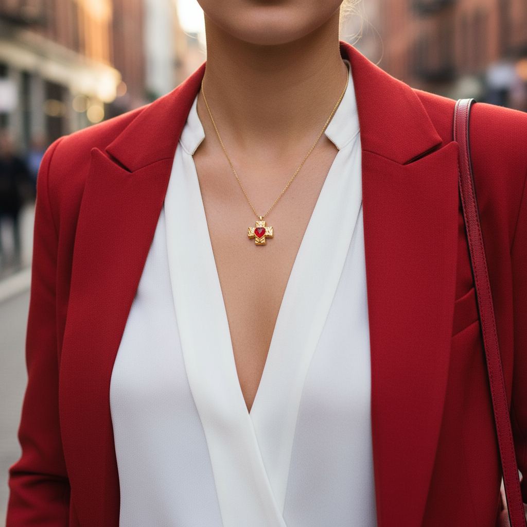 Ατσάλινο κολιέ σταυρός με κόκκινη καρδιά ζιργκόν σε χρυσό φινίρισμα – Crimson Cross Necklace So Cute by Dimi