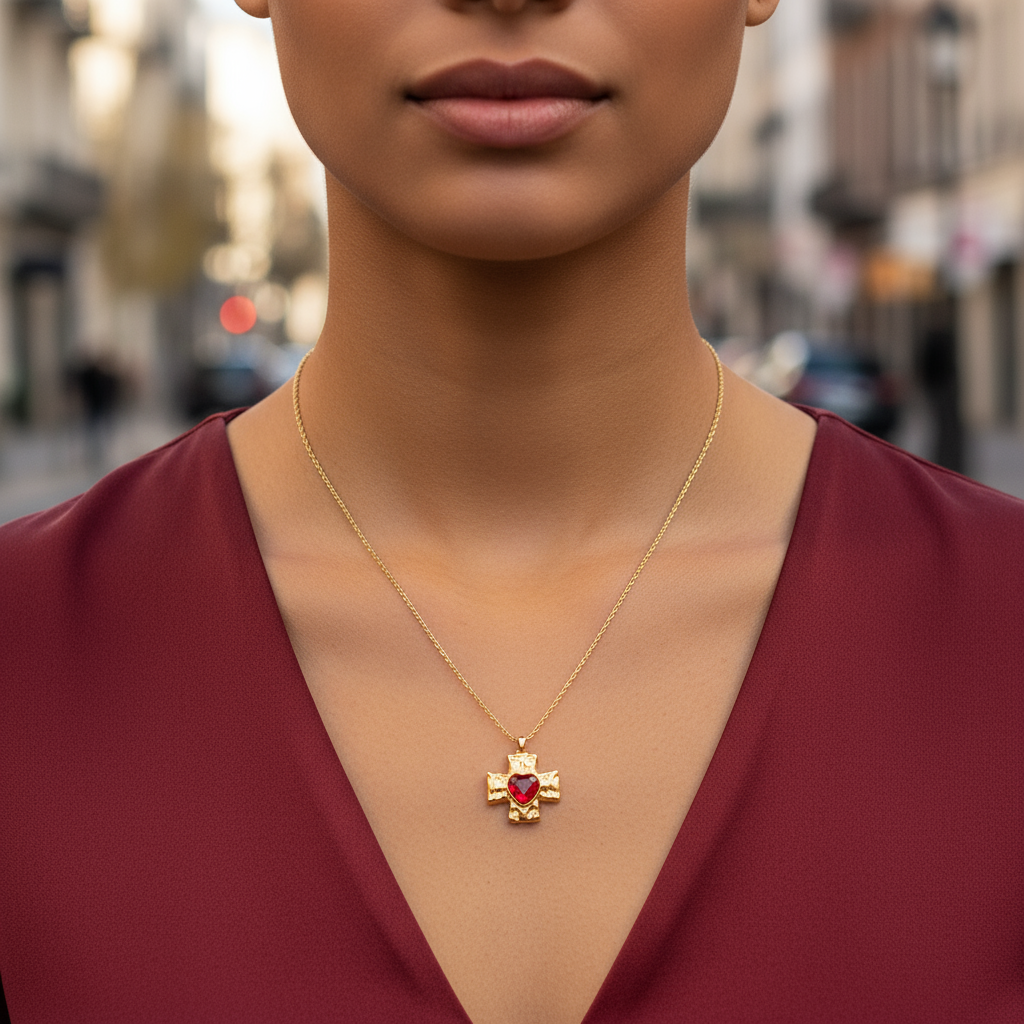 Ατσάλινο κολιέ σταυρός με κόκκινη καρδιά ζιργκόν σε χρυσό φινίρισμα – Crimson Cross Necklace So Cute by Dimi