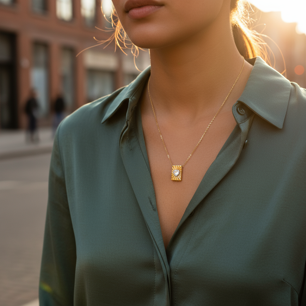 Ατσάλινο κολιέ με ορθογώνιο πλαίσιο και καρδιά ζιργκόν – Heartbeam Necklace So Cute by Dimi