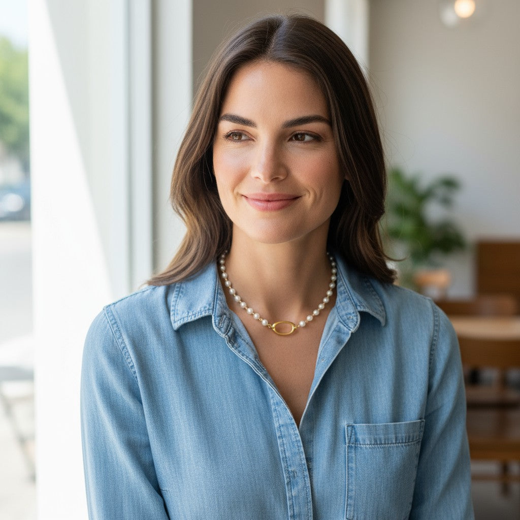 Χειροποίητο κολιέ με πέρλες και οβάλ επίχρυσο μοτίφ – Isadora Necklace – So Cute by Dimi