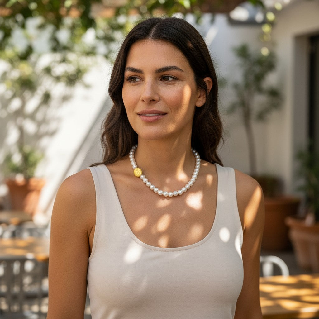 Χειροποίητο κολιέ με πέρλες και οβάλ χρυσή πέτρα λάβας – Goldy Pearls Necklace – So Cute by Dimi