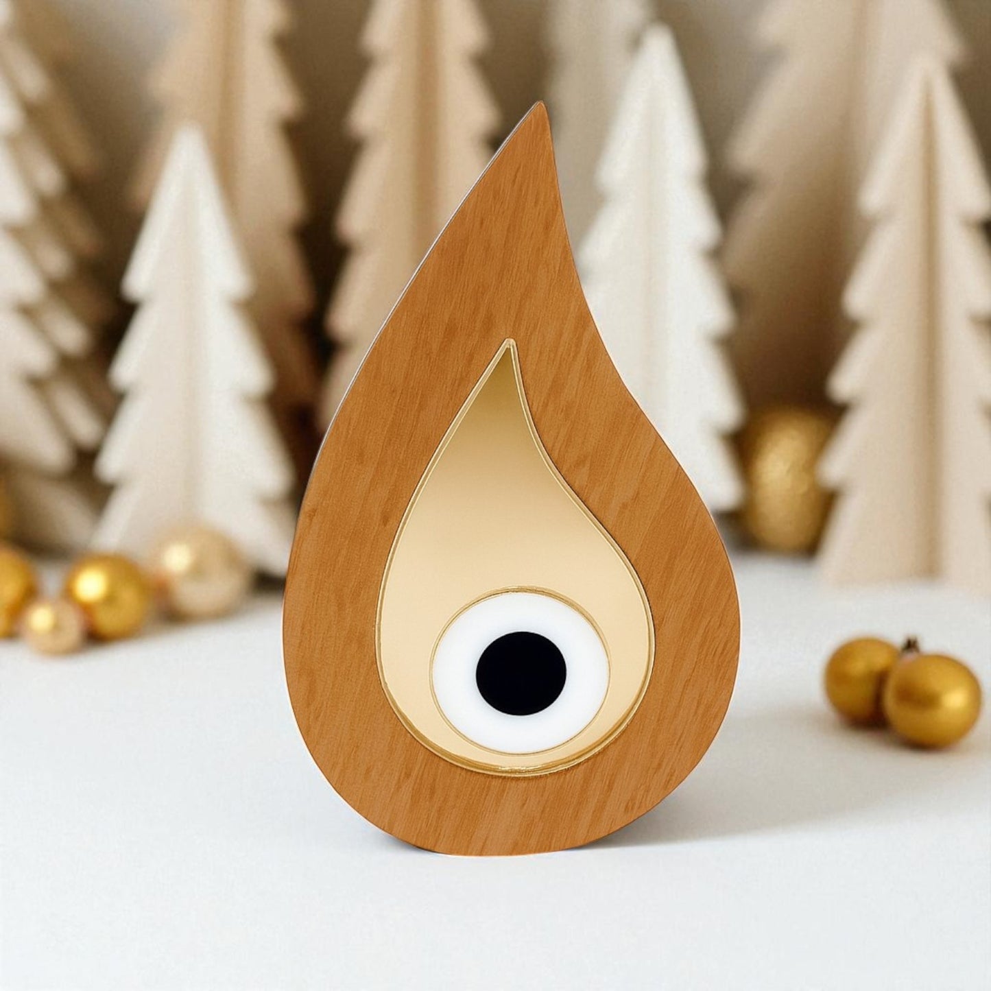 🤍✨ Επιτραπέζιο Γούρι Σταγόνα με Μάτι – Ξύλο & Χρυσό Plexiglass