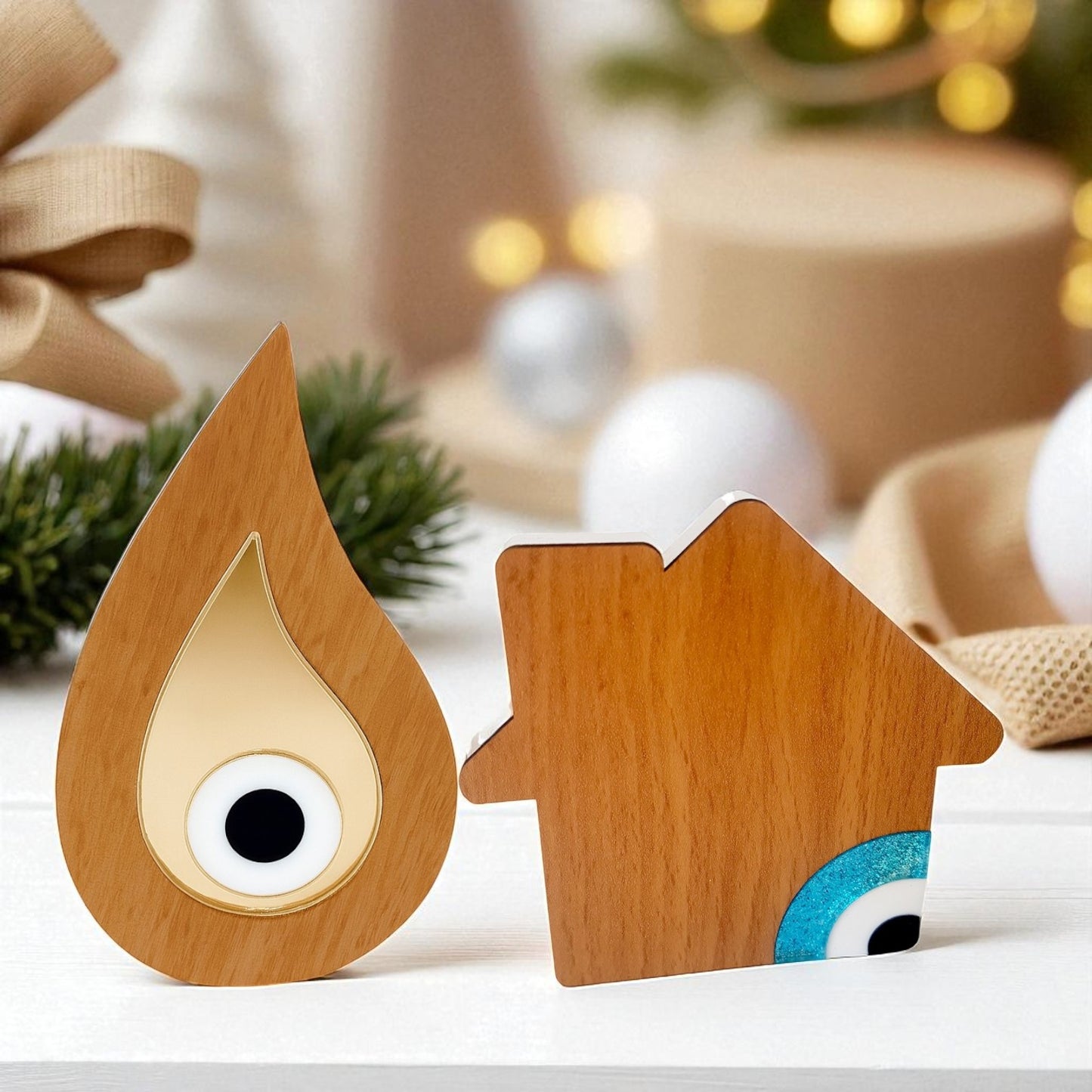 🤍✨ Επιτραπέζιο Γούρι Σταγόνα με Μάτι – Ξύλο & Χρυσό Plexiglass