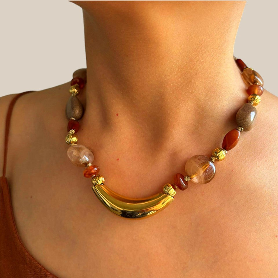 Ατσάλινο κολιέ με resin πέτρες και χρυσό μοτίφ – Χονδρική So Cute by Dimi