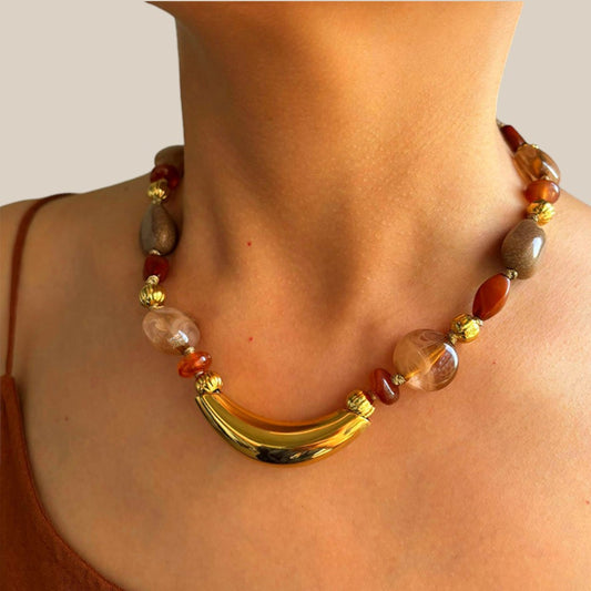 Ατσάλινο κολιέ με resin πέτρες και χρυσό μοτίφ – Χονδρική So Cute by Dimi