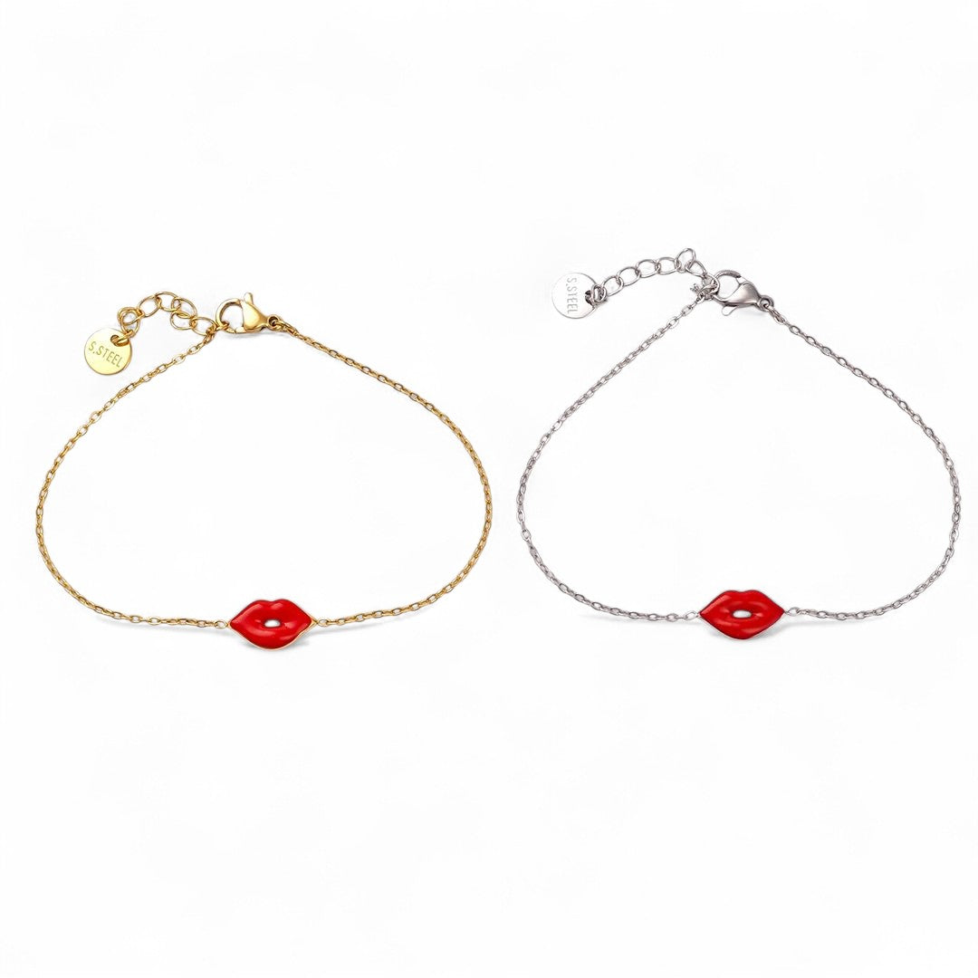 Χονδρικό ατσάλινο βραχιόλι Red Lips με σμάλτο σε χρυσό και ασημί