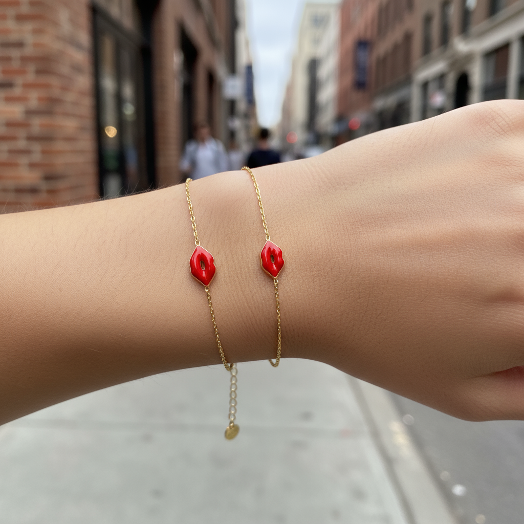 Χονδρικό ατσάλινο βραχιόλι Red Lips με σμάλτο σε χρυσό και ασημί