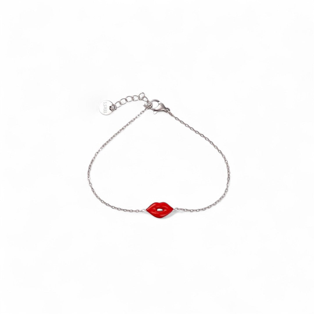 Χονδρικό ατσάλινο βραχιόλι Red Lips με σμάλτο σε χρυσό και ασημί