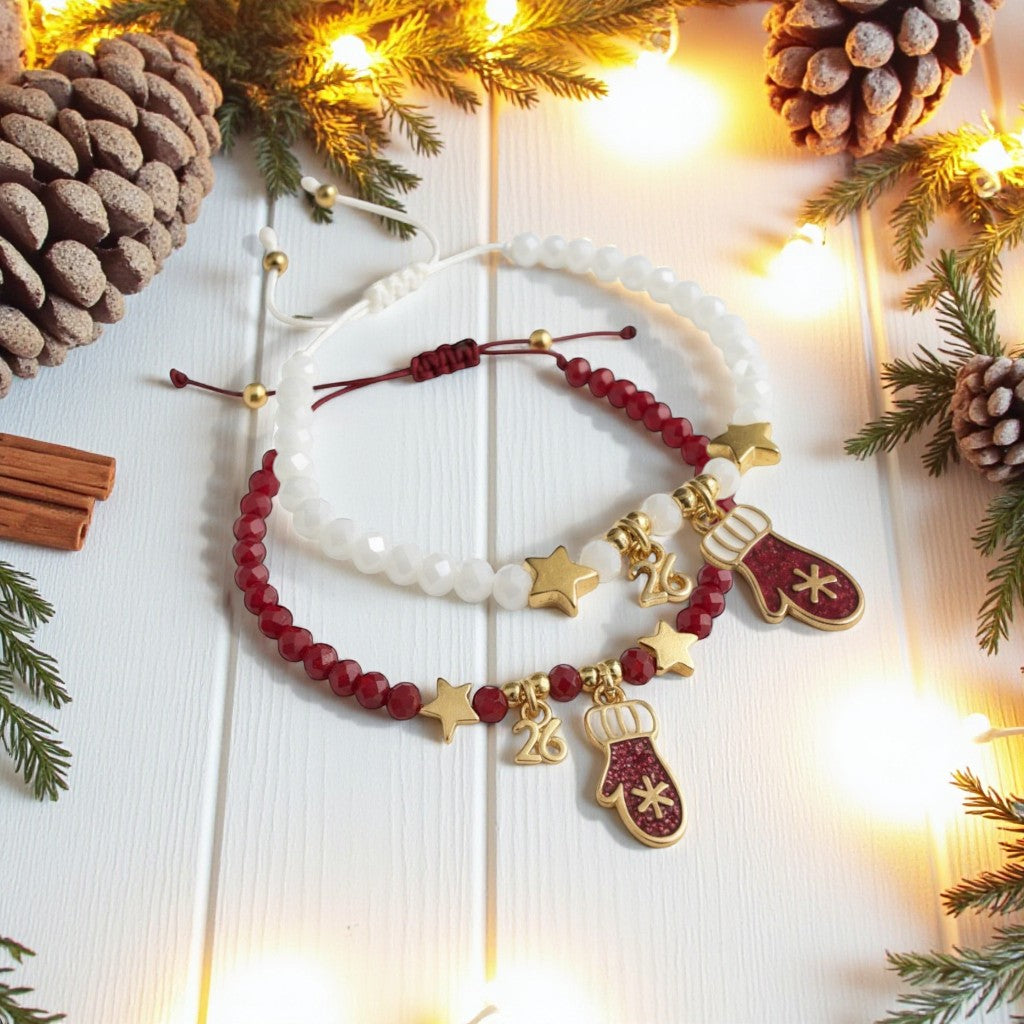 Χονδρική So Cute by DImi χειροποίητο βραχιόλι-γούρι με κρυστάλλινες χάντρες, αστέρια και γιορτινό γαντάκι