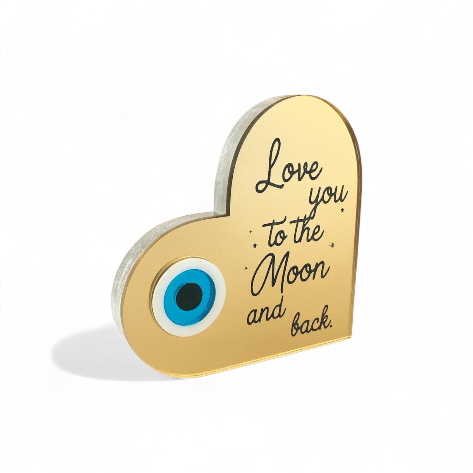 Χειροποίητο γούρι καρδιά χονδρικής από plexiglass καθρέφτη με μάτι και quote Love you to the Moon and Back