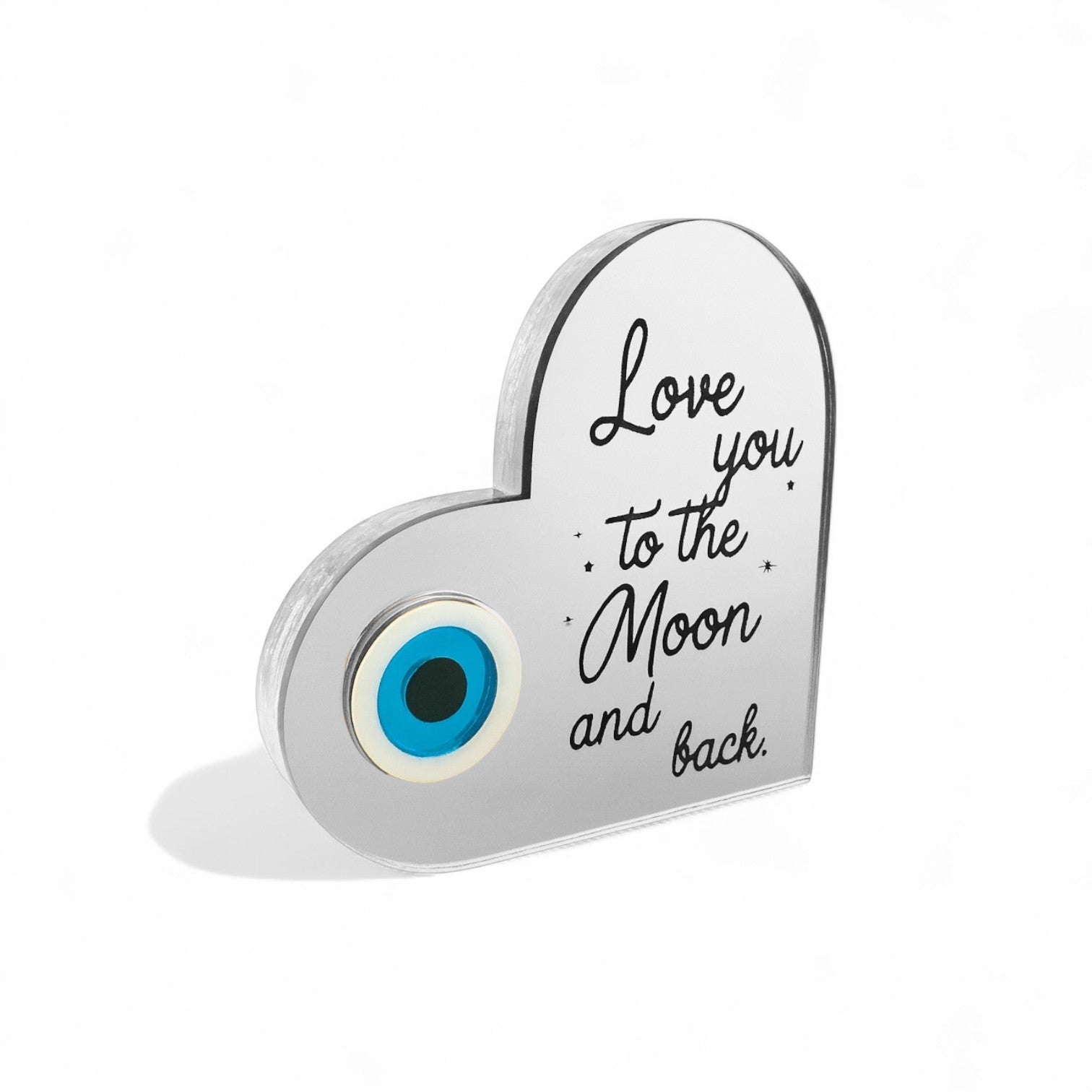 Χειροποίητο γούρι καρδιά χονδρικής από plexiglass καθρέφτη με μάτι και quote Love you to the Moon and Back