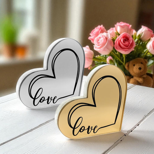 Χονδρικό γούρι καρδιά “Love” plexiglass καθρέφτης χρυσό και ασημί-So Cute by Dimi