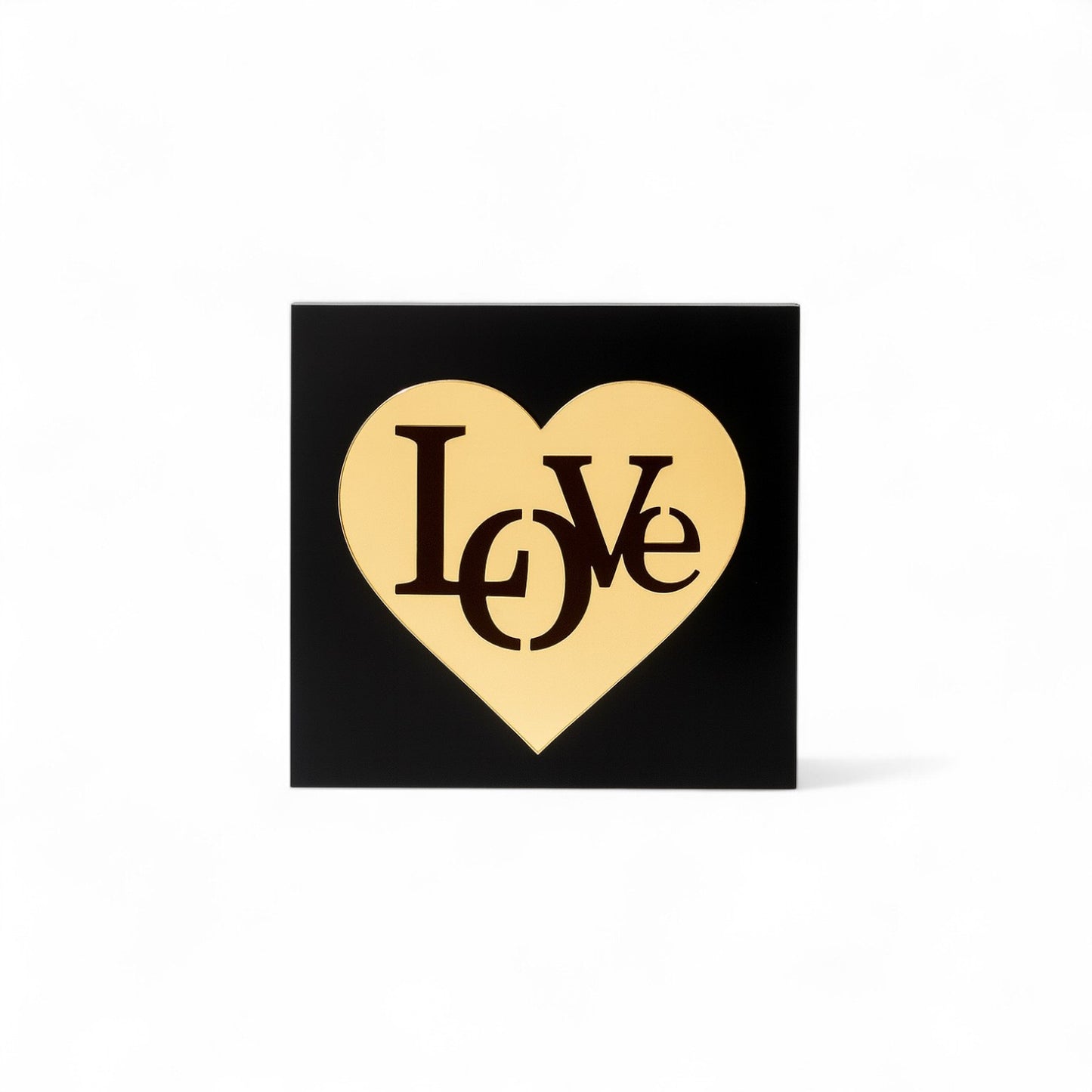🤍✨ Επιτραπέζιο Γούρι LOVE με Καρδιά – Plexiglass Μαύρο & Χρυσό Καθρέφτη