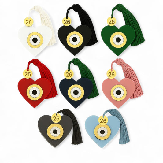 Χονδρικό γούρι plexiglass καρδιά με μάτι, φούντα και charm χρυσός καθρέφτης 26 – So Cute by Dimi