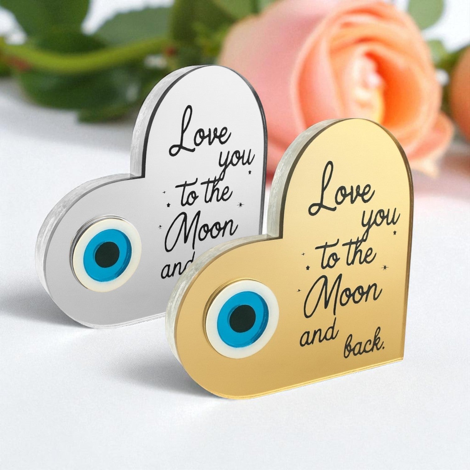 Χειροποίητο γούρι καρδιά χονδρικής από plexiglass καθρέφτη με μάτι και quote Love you to the Moon and Back