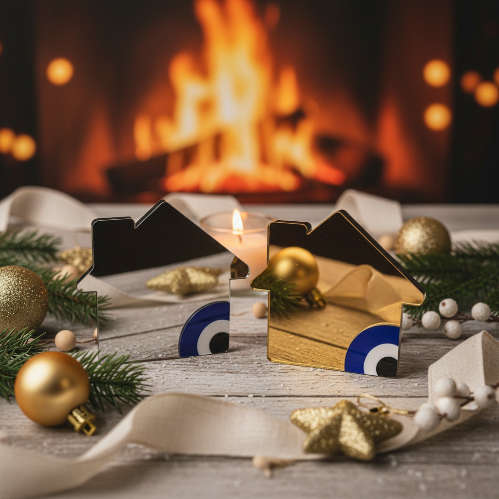 🤍✨ Γούρι 2026 Σπίτι με Μάτι – Plexiglass Καθρέφτης | Συλλογή Greek Wishes