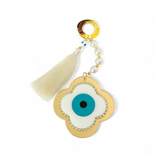 Χονδρική Γούρι Σταυρός με Μάτι plexiglass χρυσός καθρέφτης με πέρλες & φούντα – So Cute by Dimi