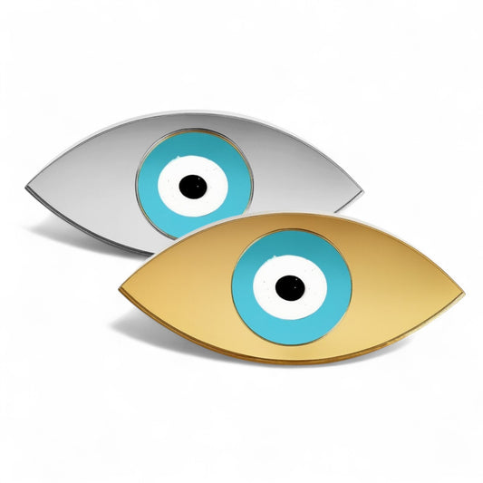 Χονδρική Γούρι Οβάλ Μάτι από plexiglass χρυσού ή ασημί καθρέφτη με τυρκουάζ μάτι – So Cute by Dimi