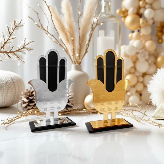 Χονδρική – επιτραπέζιο γούρι χεράκι από μαύρο plexiglass με χρυσό ή ασημί καθρέφτη, χειροποίητο So Cute by Dimi.