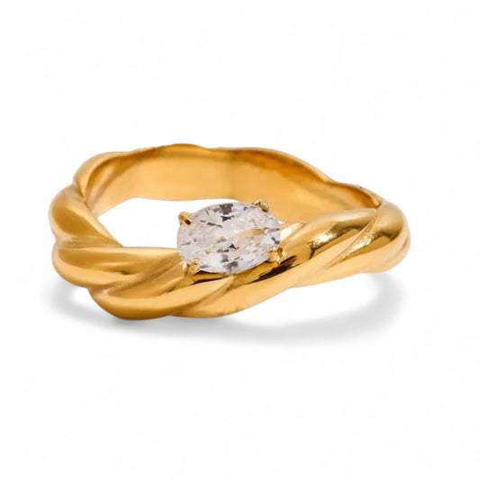 💎🕒 Twisted Glow – Ατσάλινο Δαχτυλίδι με Οβάλ Ζιργκόν