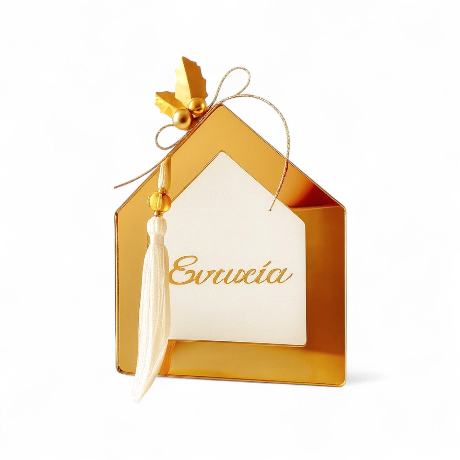 Gold decorative item with a white tag featuring 'Evuxia' on a white background
