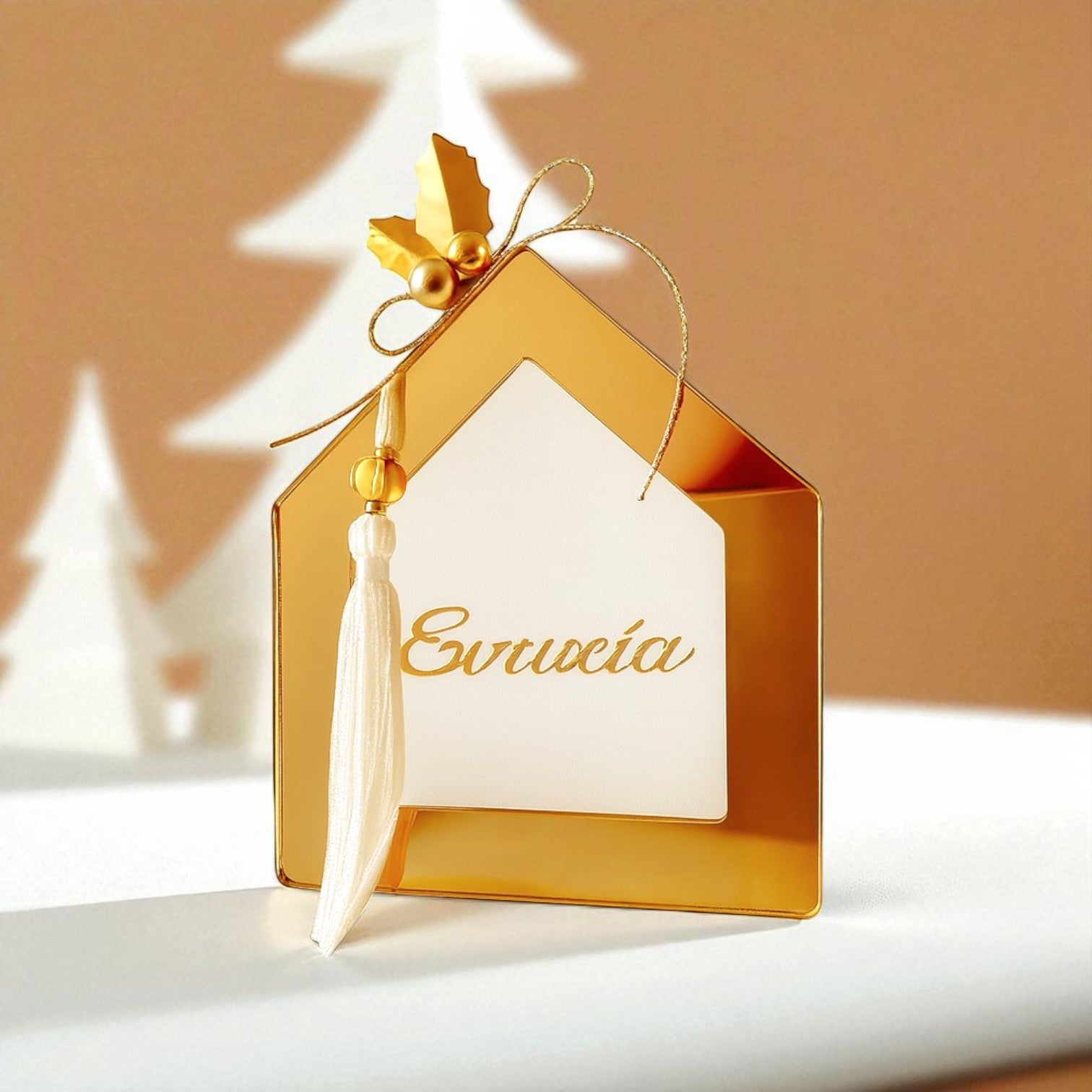 Επιτραπέζιο γούρι σπιτάκι plexiglass με ευχή «Ευτυχία», χρυσό καθρέφτη & φούντα – Χονδρική So Cute by Dimi