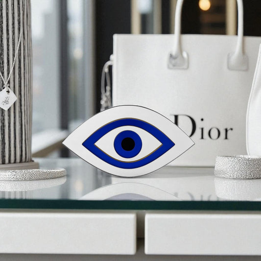 Χειροποίητο γούρι μάτι plexiglass καθρέφτης χρυσό και ασημί με μπλε ίριδα – So Cute by Dimi