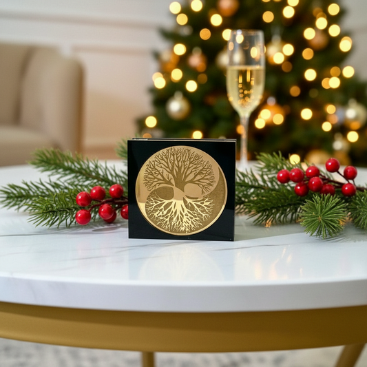 Yin Yang Tree γούρι χονδρική, επιτραπέζιο χειροποίητο ξύλο & χρυσό plexiglass με Δέντρο Ζωής & Yin Yang – So Cute by Dimi