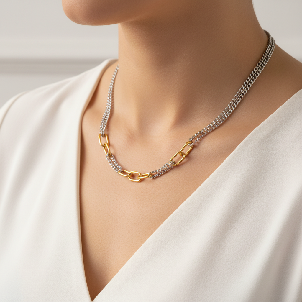 Κολιέ dual chain διχρωμίας με rectangular κρίκους από ατσάλι – Χονδρική So Cute by Dimi