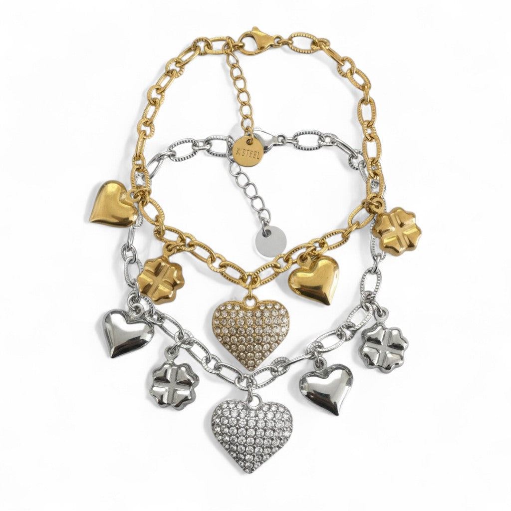 Βραχιόλι από ατσάλι με καρδιές και τετράφυλλα, διακοσμημένο με ζιργκόν, σε χρυσό και ασημί. So Cute by Dimi