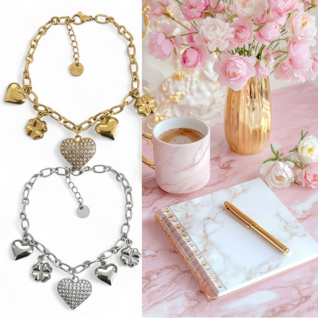 Βραχιόλι από ατσάλι με καρδιές και τετράφυλλα, διακοσμημένο με ζιργκόν, σε χρυσό και ασημί. So Cute by Dimi